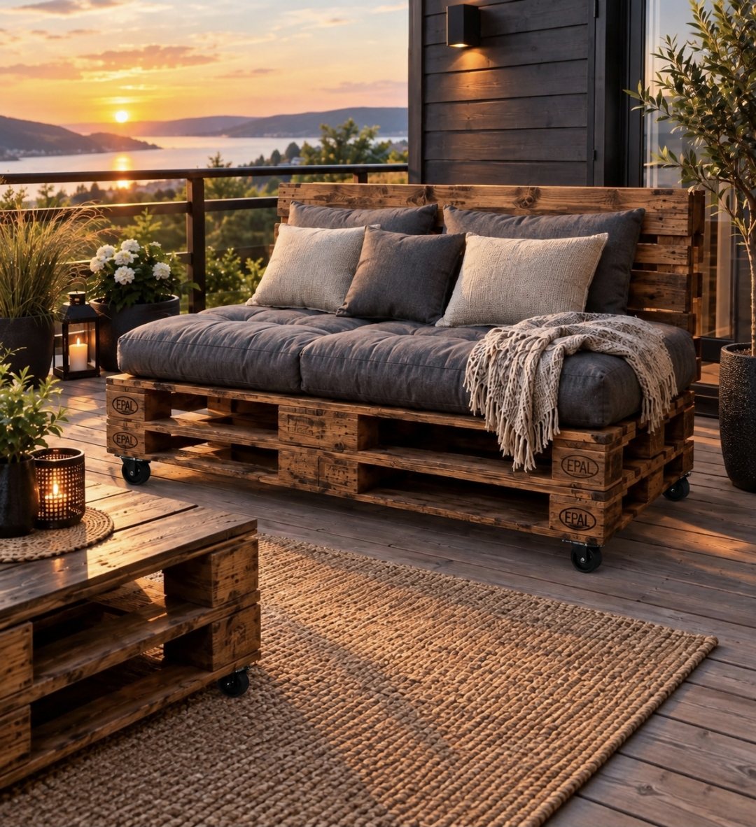 Sofa av paller med grå puter og hjul, på en terrasse i solnedgang