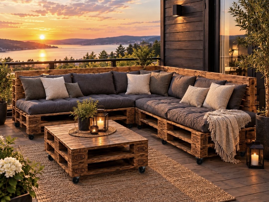 Hjørnesofa og bord av paller på hjul, på en terrasse med utsikt over fjorden i solnedgang